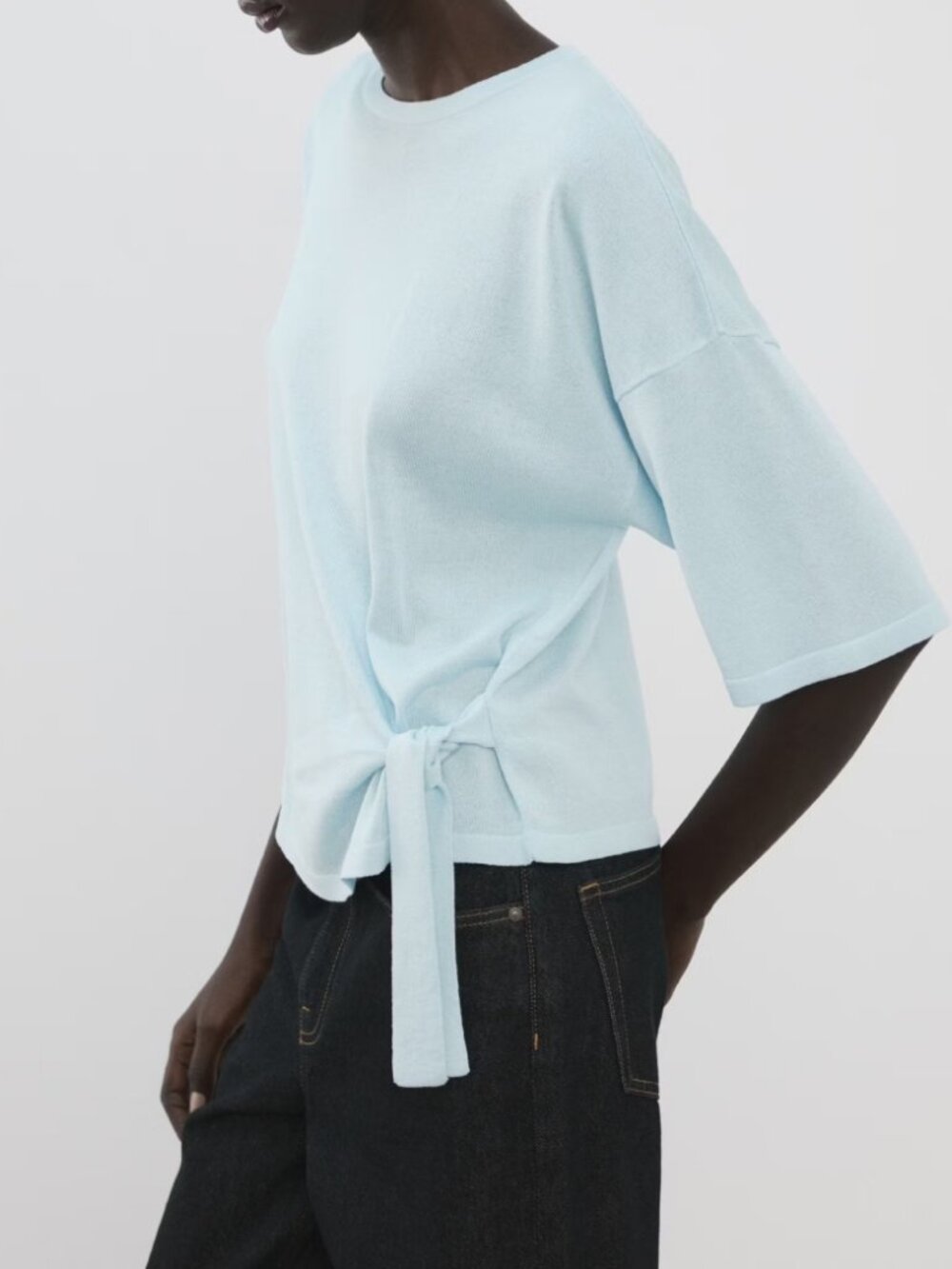 Mango Light Blue Short Sleeve Bow Knit Sweater Crew Neck Oversized Womens Size M